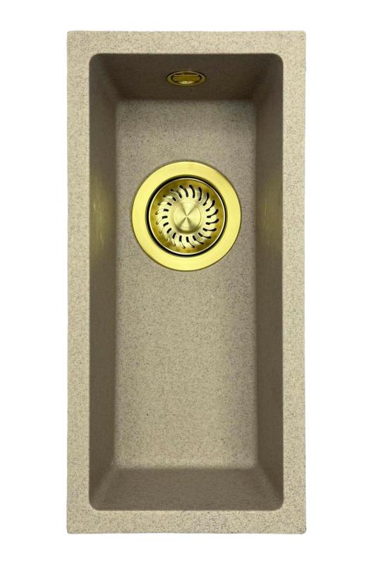 GraniteMy Universal granitový béžový písek malý dřez 17x40 cm na pracovní desku, pod pracovní desku a rovnoběžný se zlatou zátkou 1208968003