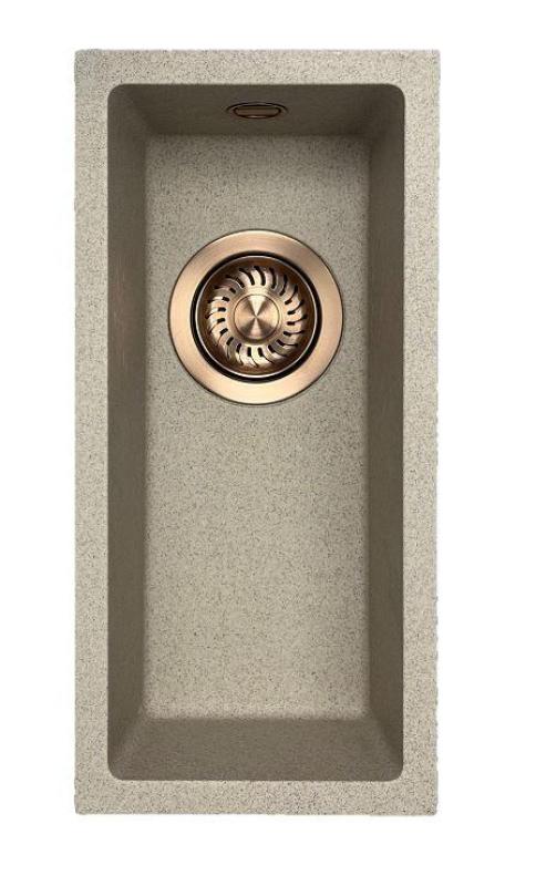 GraniteMy Universal žulový béžový pískový malý dřez 17x40 cm pro povrchovou montáž, podstavnou montáž a zapuštěnou montáž s měděnou zátkou 1208968004