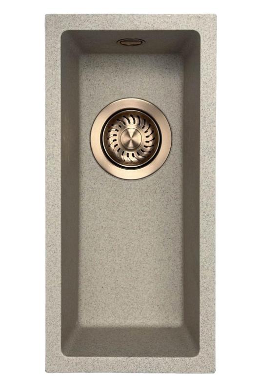 GraniteMy Universal žulový béžový pískový malý dřez 17x40 cm pro povrchovou montáž, podstavnou montáž a zapuštěnou montáž s měděnou zátkou 1208968004