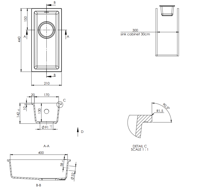 GraniteMy Universal žulový béžový písek malý dřez 17x40 cm montáž na desku, pod desku a do roviny s gun metal zátkou 1208968006