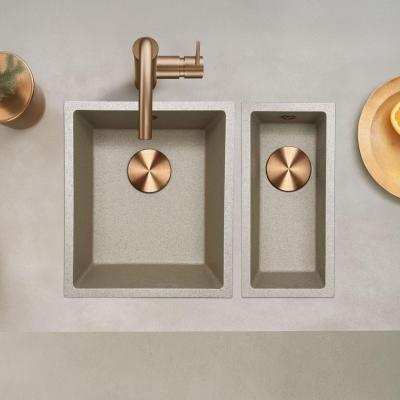 GraniteMy Universele granieten beige zand spoelbak 34x40 cm opbouw onderbouw en vlakbouw met koperen plug 1208968009