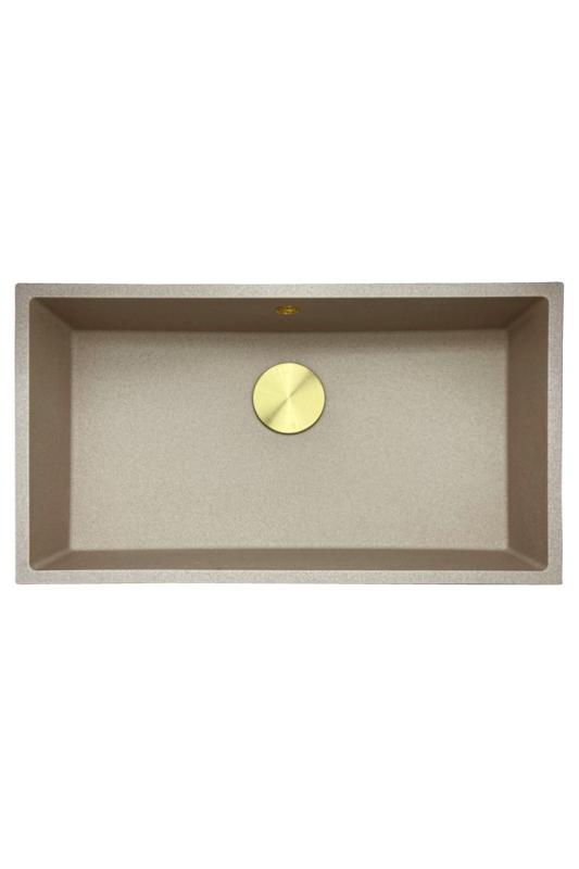 GraniteMy Universal žulový béžový pískový dřez 74x40 cm s horní, spodní a rovnou montáží se zlatou zátkou 1208968018