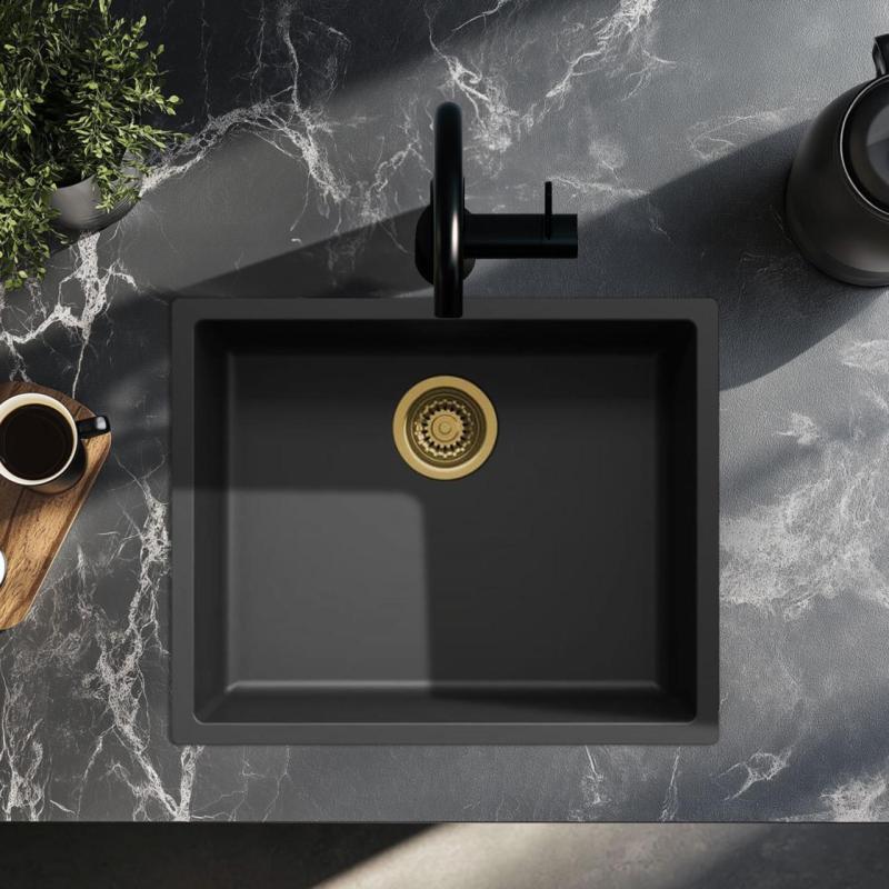 Zwartý dřez 50x40cm podstavba, vestavba a rovnoplošná montáž se zlatou zátkou 1208968037