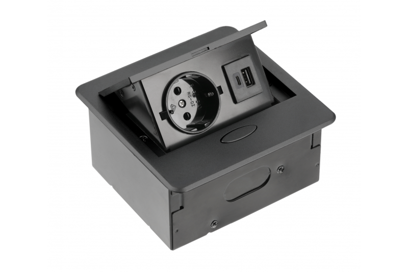 AVARO zapuštěná nábytková zásuvka, 1x Schuko zásuvka, USB A+C, 1,5m kabel, černá