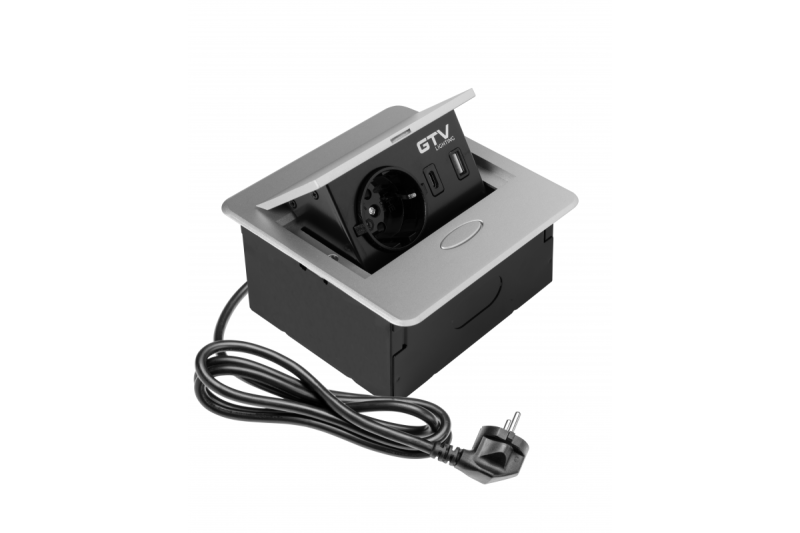 AVARO zapuštěná nábytková zásuvka, 1x Schuko zásuvka, USB A+C, 1,5m kabel, stříbrná