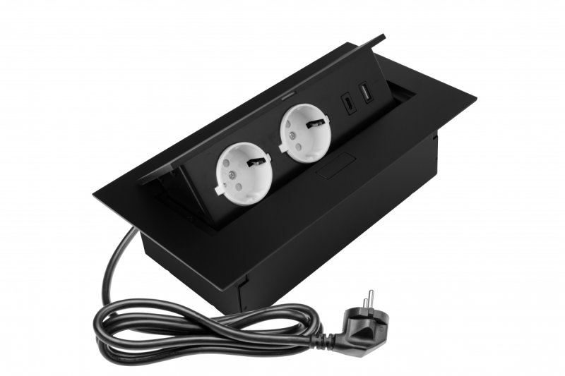 Nábytek zásuvka 2x schuko zásuvka, USB A+C, bez kabelu, černá