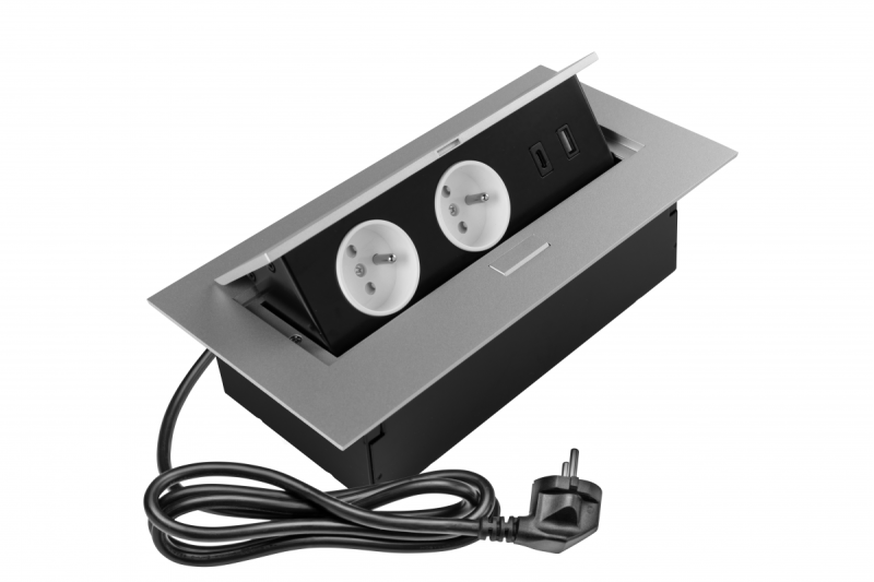 Nábyteková zásuvka 2x zásuvka se zemnicím kontaktem, USB A+C, napájecí kabel s konektorem, alu