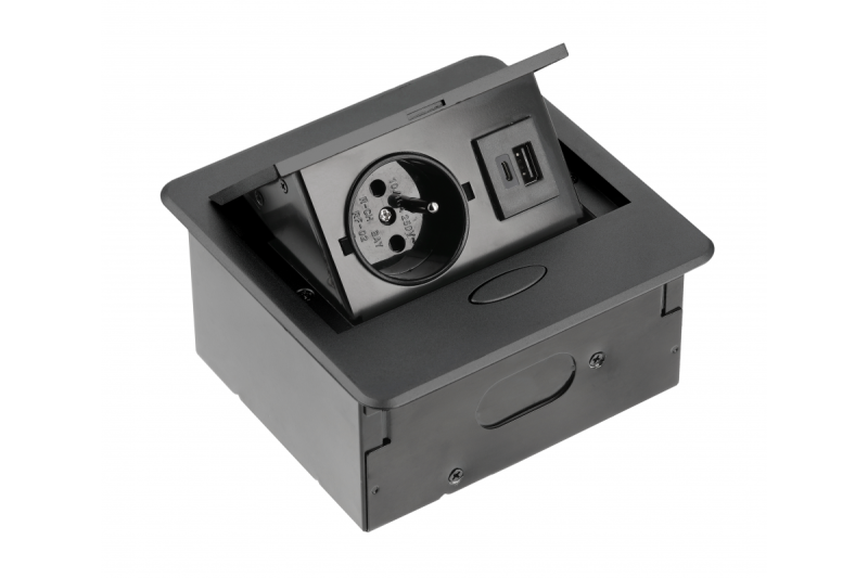 AVARO zapuštěná nábytková zásuvka, 1x francouzská zásuvka, USB A+C, 1,5m kabel, černá