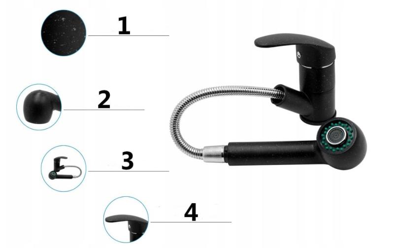 Granitland Rhea Kuchyňská baterie Vzhled tvrdého kamene Arduin s Vytahovací Výtokovou trubicí a Dvojfunkční Ruční sprchou 1208969536