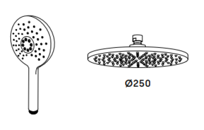 Waterevolution Flow třícestná sprchová baterie s hlavovou sprchou o průměru 250 mm a kulatou ruční sprchou Mosaz T131NR25LE
