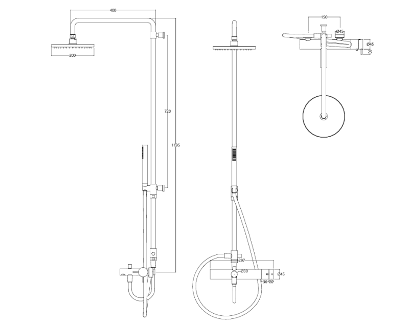 Waterevolution Flow termostatická třícestná sprchová baterie s hlavovou sprchou 250 mm a kulatou ruční sprchou měď T131TNR25CPE