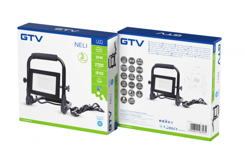 NELI Přenosný reflektor, LED, 30W, 2700lm, 6400K, AC220-240V, IP65, 1.5m kabel