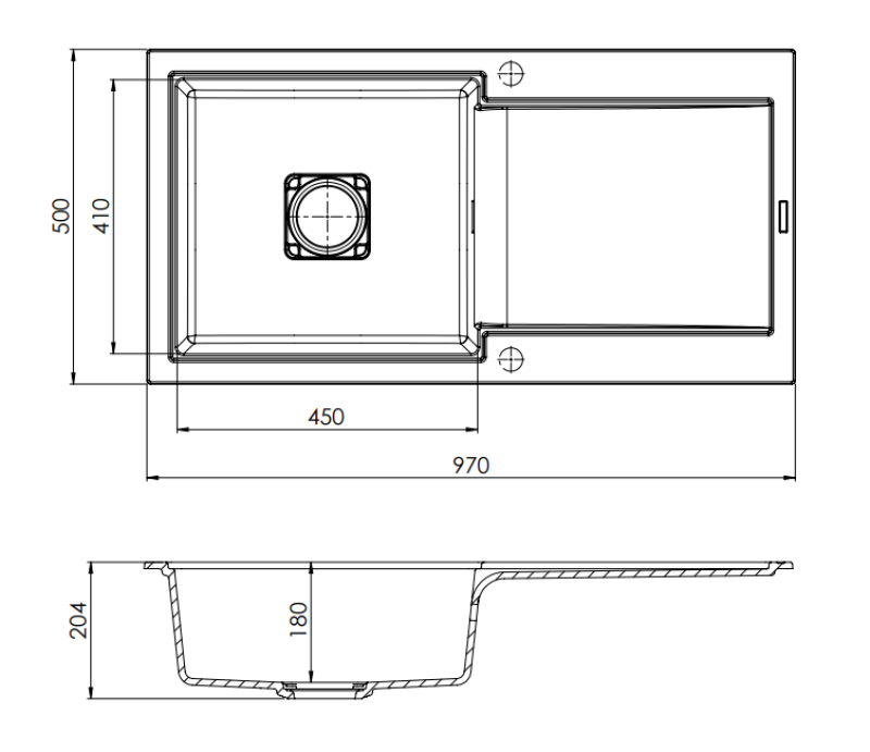 GraniteMy Zafiri Černý Žulový Dřez 97x50 cm s Odkapávačem, Otočný, s Černým Čtvercovým Krytem Odtoku 1208969997