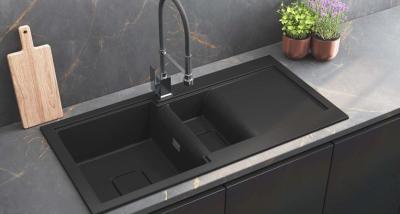 GraniteMy Zafiri Černý Granitový Dřez 1,5 Dřezu 100x50 cm s Odkapávačem, Otočný, s Černým Čtvercovým Krytem Odtoku 1208969998