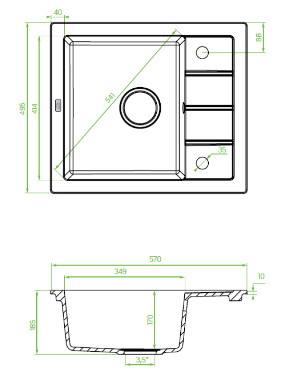 Aquadesign Somerset Granitový Nástavbový Dřez Antracit s Malou Odkapávací Plochou 570 x 495 mm 1208970084