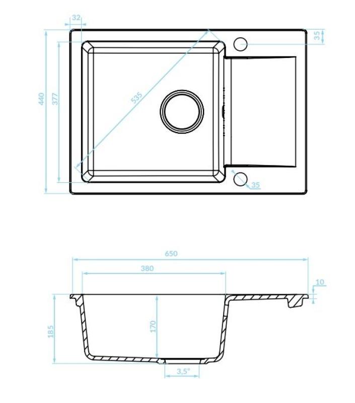 Aquadisign Kensley Granitový Nástavbový Dřez Antracit s malou Odkapávací Plochu 65 x 44 cm 1208970085