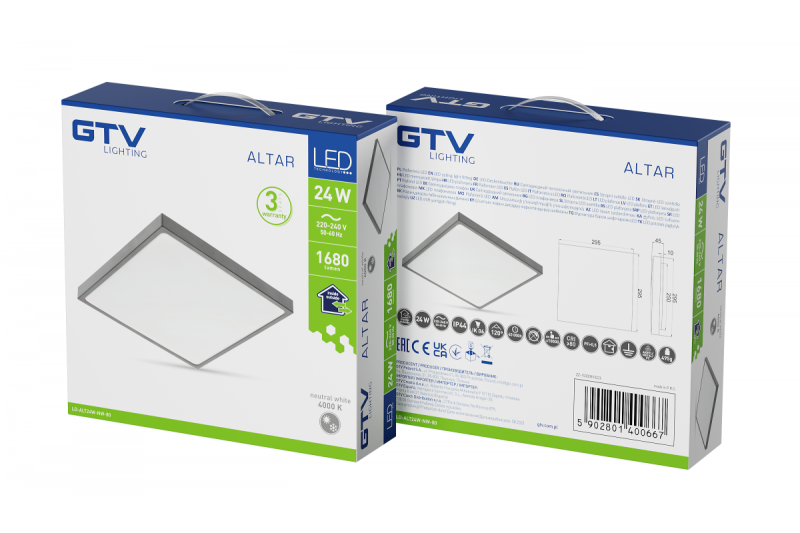 ALTAR LED Stropní světlo, 295x295mm, 4000K, 24W, 1680lm, AC180-250V, 50/60 Hz, PF>0.5, IP54, šedá, 3 roky záruka