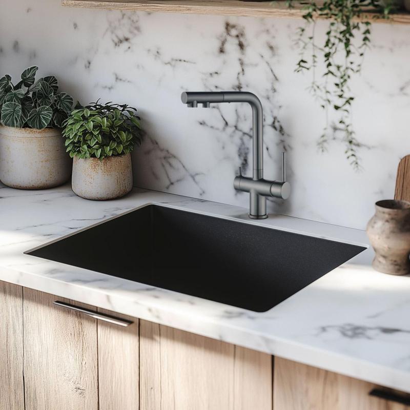 Ausmann Ellington 3cestná kuchyňská baterie s výsuvnou hubicí a filtrovanou vodou – Gun metal – 1208970499