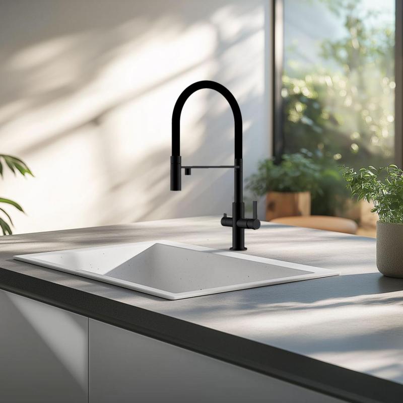 Ausmann Claridge 3-cestná kuchyňská baterie s flexibilním výtokem a filtrováním vody – Antracit – 1208970500