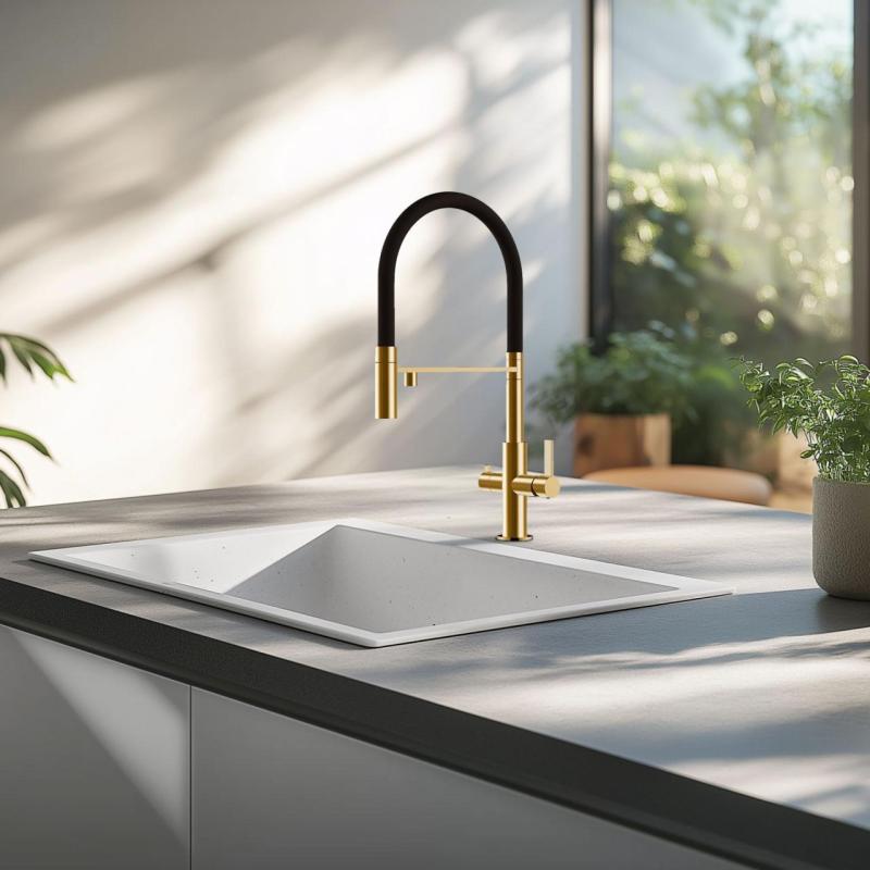 Ausmann Claridge 3-cestná kuchyňská baterie s flexibilním výtokem a filtrováním vody – Zlatá - 1208970504