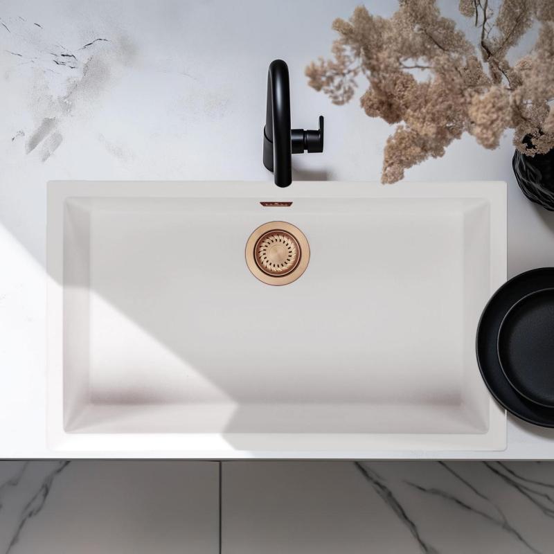 Bílý velký dřez 70x40 cm, vestavba, nástavba a plochá vestavba s měděnou zátkou 1208970523