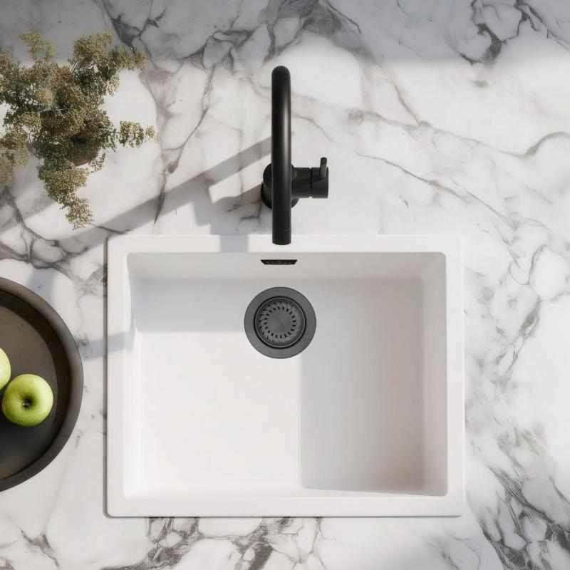 Bílý dřez 50x40 cm vestavný, nástavbový a rovný s kovovou zátkou Gun Metal 1208970529