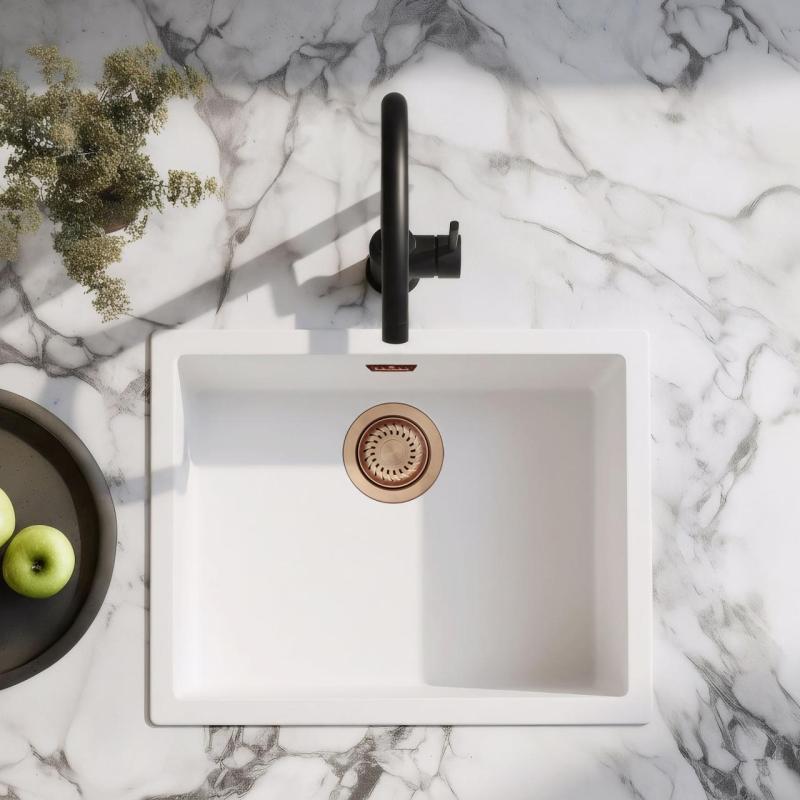 Witte Spoelbak 50x40 cm Onderbouw, Opbouw en Vlakinbouw met Koperen Plug 1208970533 in het Tsjechisch is: Bílý dřez 50x40 cm pro spodní montáž, horní montáž a montáž do roviny s měděnou zátko