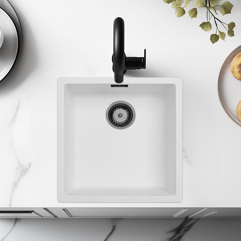 Bílý dřez 40x40 cm, na spodní montáž, horní montáž a rovnou montáž s kovovou zátkou Gun Metal 1208970534