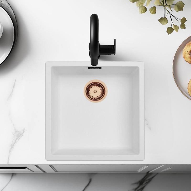 Witte Spoelbak 40x40 cm Onderbouw, Opbouw en Vlakinbouw met Koperen Plug 1208970538.