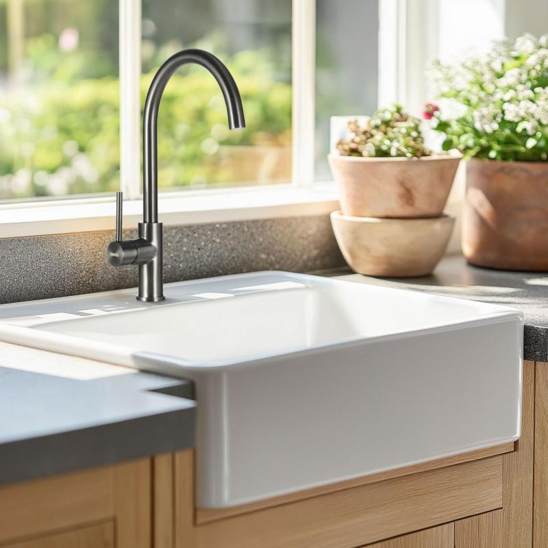 Ausmann Ceramic Panor Shade Keramický bílý dřez Butler – podstavný a mezipodstavný 630 x 597 mm s otvorem pro baterii a matnou černou zátkou 1208970554