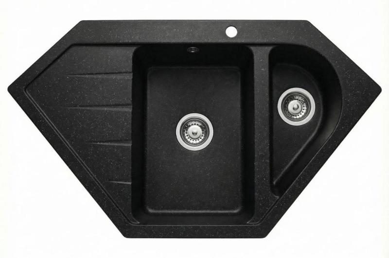 Graniteland Amiata Granit černý Arduin tvrdý kámen vzhled Rohový dřez na montáž 955x489mm s nerezovou zátkou 1208970620