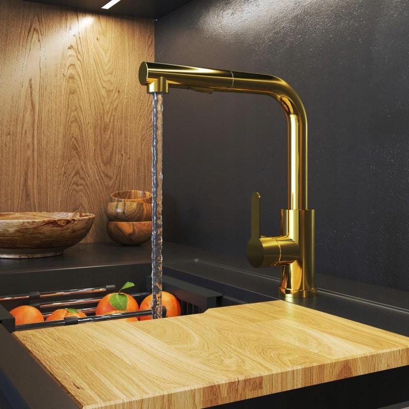 Granitová baterie Celeste Zlatá kuchyňská baterie s výsuvnou sprškou a dvoufunkční ruční sprchou 1208970664.