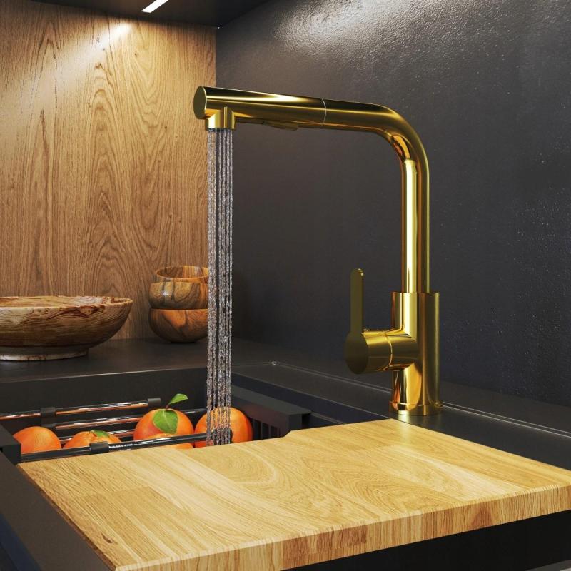 Granitová baterie Celeste Zlatá kuchyňská baterie s výsuvnou sprškou a dvoufunkční ruční sprchou 1208970664.