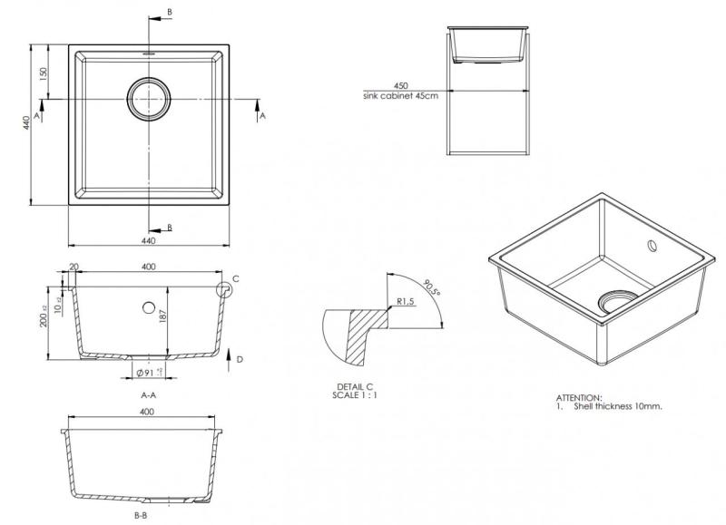 GraniteMy Universal Granit šedý, tmavý Dřez 40x40 cm Montáž na povrch, podkonstrukce a plochá montáž s nerezovou zástrčkou 1208970742