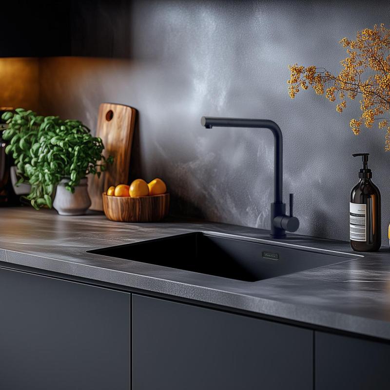 Černá kombinovaná sada dřezu 50x40 cm s černou kuchyňskou baterií 1208970765