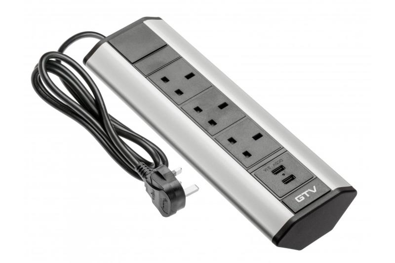 Kancelářský prodlužovací kabel s úhlovými 3x UK zásuvkami, 2xUSB 2.1A 5V (stříbrný) ANGLICKÁ VERZE