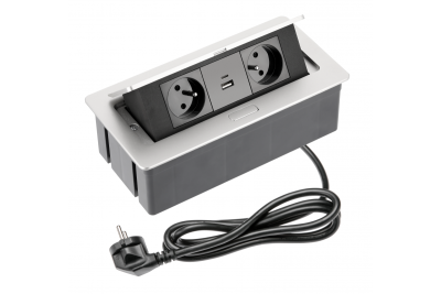 MĚKKÁ nábytková zásuvka 2x s uzemněním, USB A+C, napájecí kabel se zástrčkou, hliník.