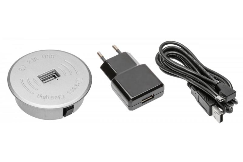 Bezdrátová nabíjecí sada s USB stříbrná s napájecím adaptérem (2 m odnímatelný kabel USB)