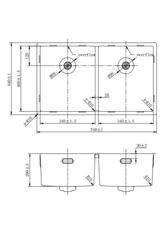 Pure.Sink Prestige Dvojitý zlatý dřez 70x40 cm 10mm rádius podskříňový, plochý a nástavbový PPG343440-60