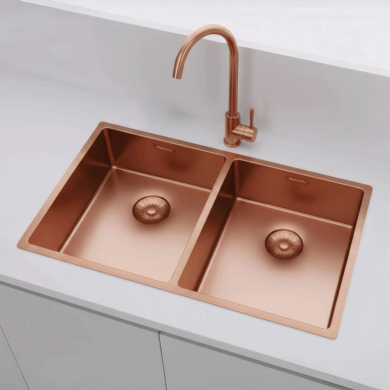 Pure.Sink Prestige Dvojitý měděný dřez 70x40cm 10mm rádius podstavba, rovná stavba a nástavba PPG343440-62