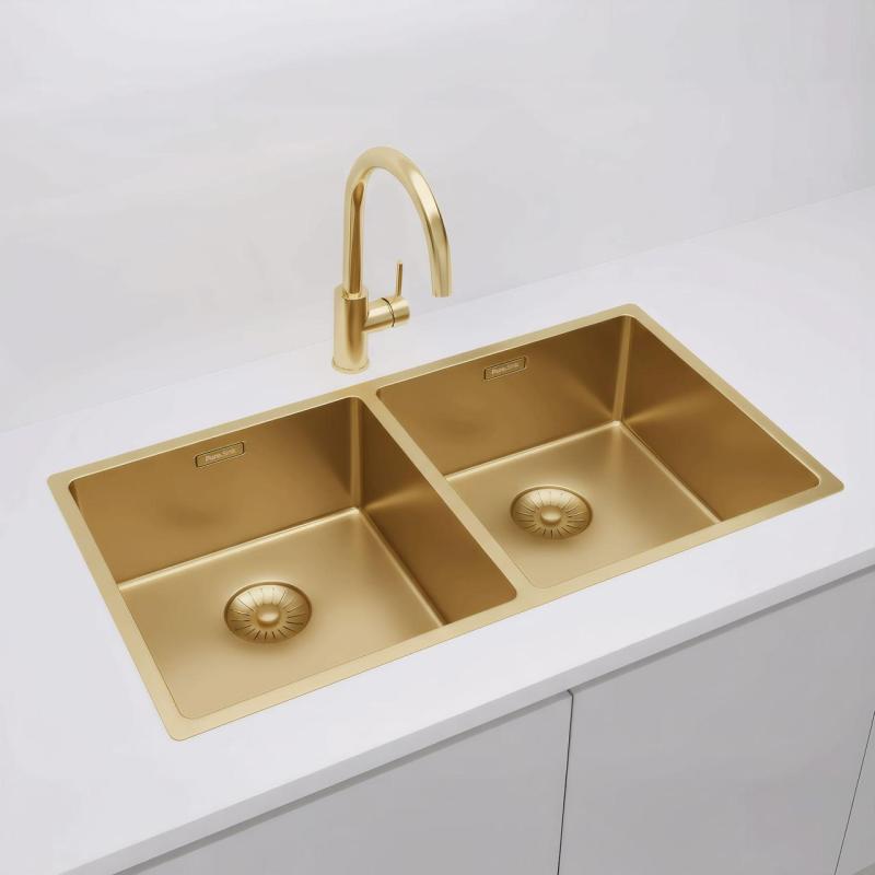 Pure.Sink Prestige Dvojitý zlatý dřez 82x40 cm 10mm poloměr podskříňový, plochý a nástavbový PPG404040-60