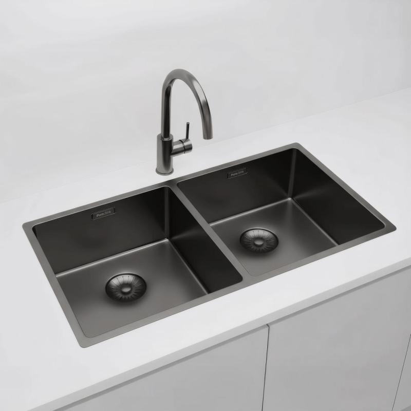 Pure.Sink Prestige Dvojitý Gun metal dřez 82x40 cm 10mm rádius podstavba, plochá konstrukce a nástavba PPG404040-61