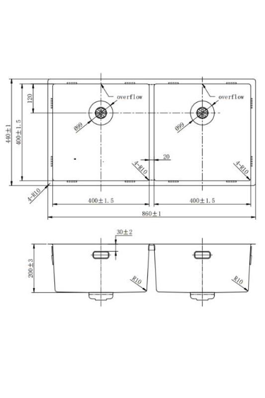 Pure.Sink Prestige Dvojitý měděný dřez 82x40 cm 10mm poloměr podskříňový, plochý a nástavbový PPG404040-62