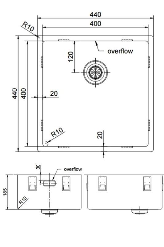 Pure.Sink Exclusivo RVS dřez 40x40 cm, rádius 10mm, pro montáž pod, rovnou a na povrch PEX4040-02