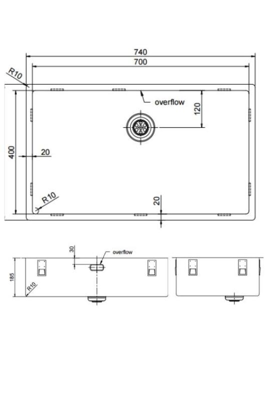 Pure.Sink Exclusivo velký Gun metal dřez 70x40 cm 10mm rádius podstavba, rovná vestavba a nástavba PEX7040-61