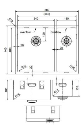 Pure.Sink Exclusivo RVS 1,5 jedna a půl umyvadla 34+18 cm poloměr 10mm PEX341840-02