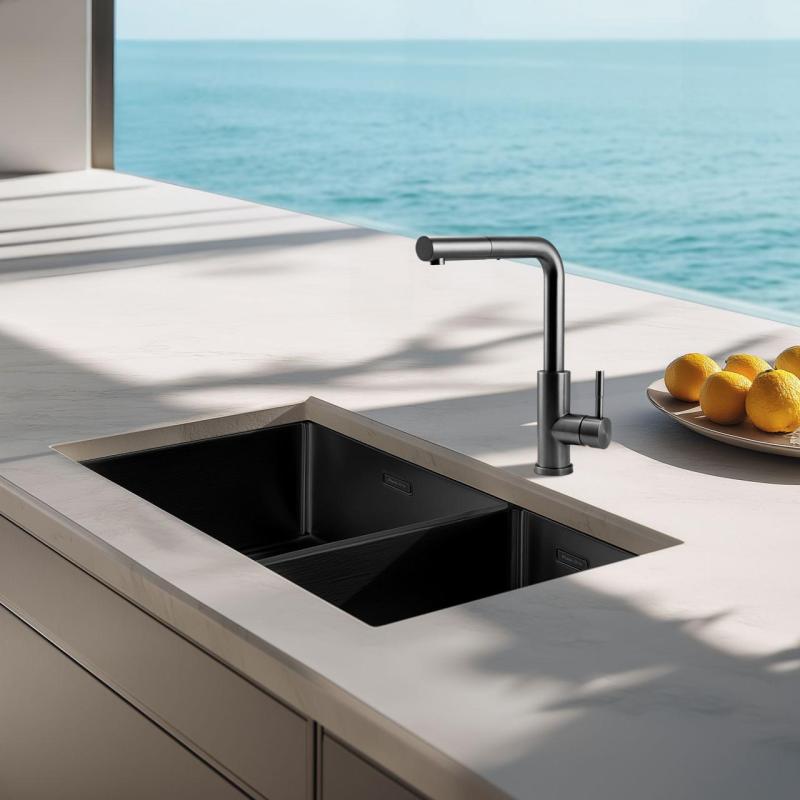 Pure.Sink Exclusivo Gun Metal 1,5 jedno a půl dřezu 34+18 cm 10mm rádius PEX341840-61