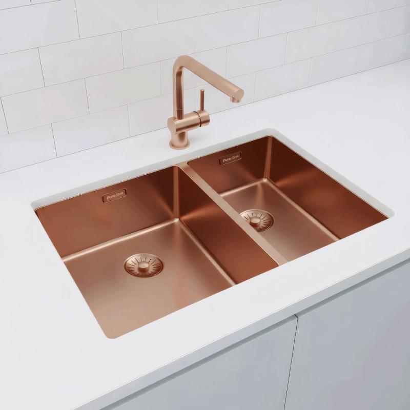 Pure.Sink Exclusivo Měděný 1,5 jedna a půl dřez 34+18 cm 10mm rádius PEX341840-62