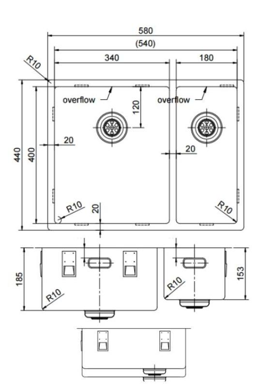 Pure.Sink Exclusivo Měděný 1,5 jedna a půl dřez 34+18 cm 10mm rádius PEX341840-62