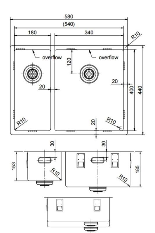 Pure.Sink Exclusivo RVS 1,5 jedna a půl dřezu 18+34 cm 10mm rádius PEX183440-02